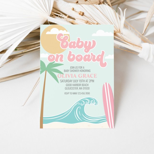 Baby an Bord Pink Surf Beach Baby Dusche Einladung (Von Creator hochgeladen)