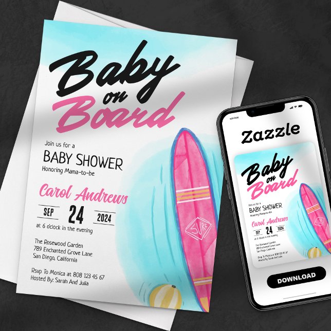 Baby an Bord Pink Surfboard Babydusche Einladung (Von Creator hochgeladen)