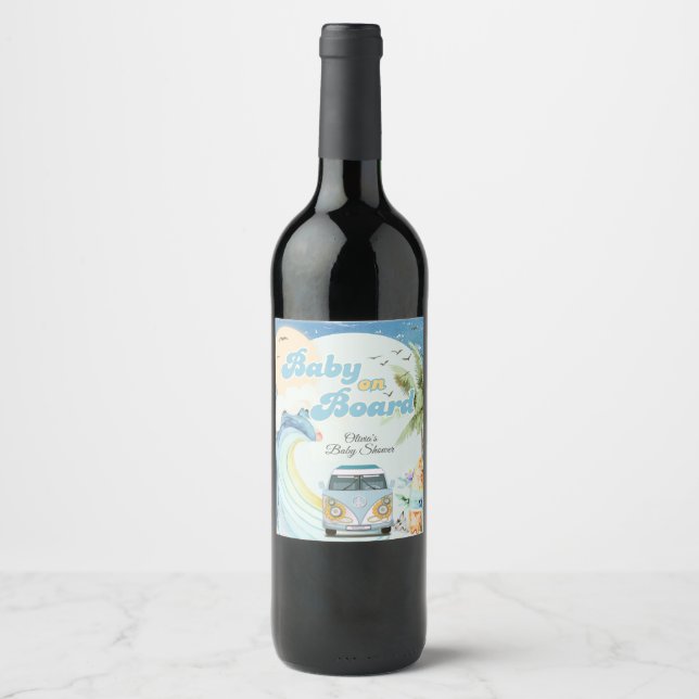 Baby an Bord Retro Surfing Beach Baby Dusche Weinetikett (Vorderseite)