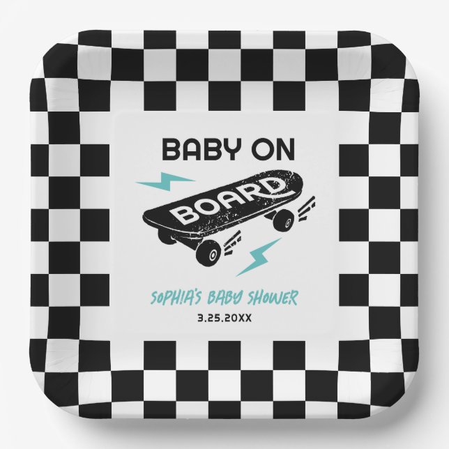 Baby an Bord Skateboard Babydusche Teller (Vorderseite)