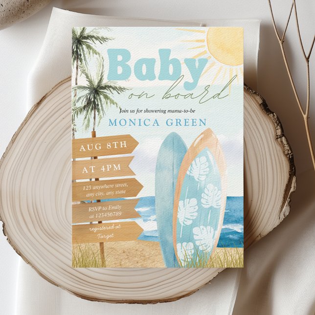Baby an Bord Surf Beach Coastal Niedlich Baby Dusc Einladung (Baby on Board Surfing Surfboard Baby Shower Boy Pastel Colors Ocean Beach Coastal Aesthetic)