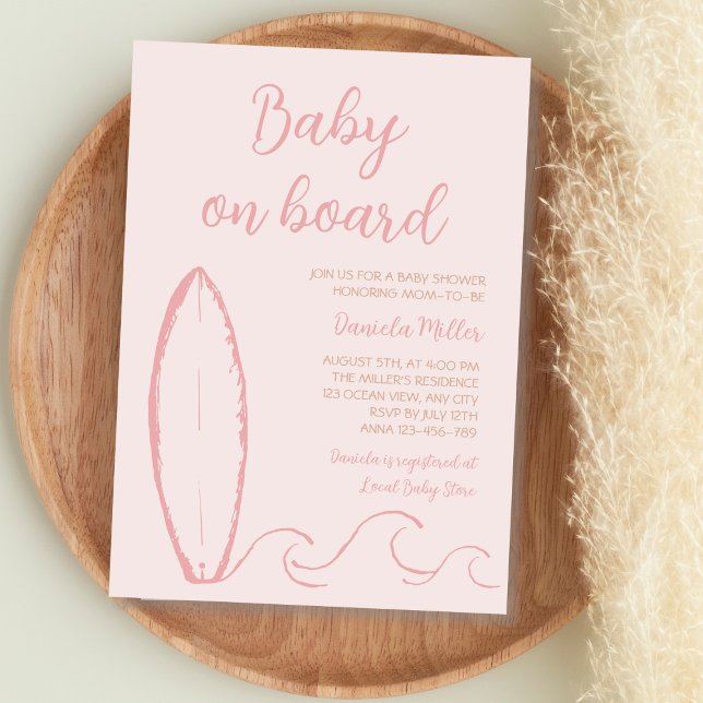 Baby an Bord Surf Hand gezogenes Baby Girl Dusche Einladung (Baby On Board Surf Hand Drawn Baby Girl Shower Invitation)