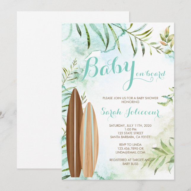Baby an Bord Surf Kinderdusche Einladung (Vorne/Hinten)
