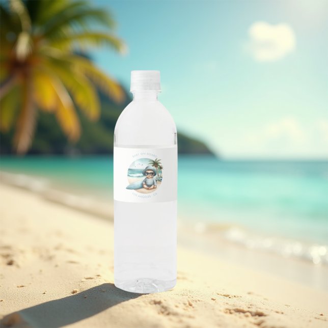 Baby an Bord Surf-Themed Beach Baby Dusche (Baby on Board Surf-Themed Beach Baby Shower Water Bottle Label)