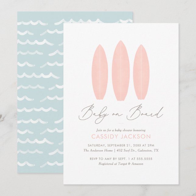 Baby an Bord Surfboard Girl Baby Dusche Einladung (Vorne/Hinten)