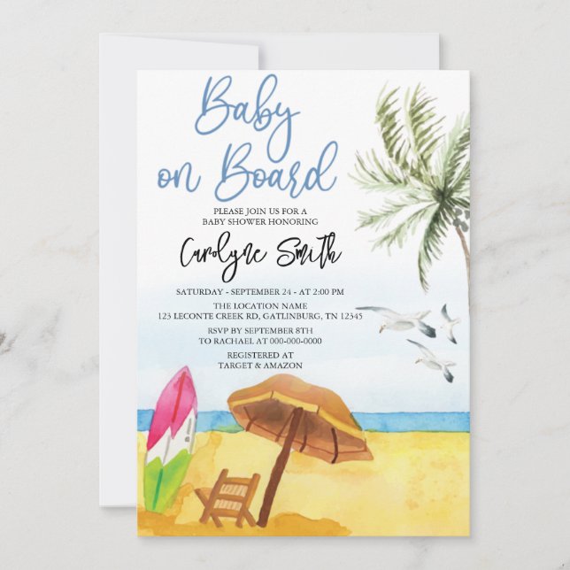 Baby an Bord Surfboard Summer Beach Baby Dusche Einladung (Vorderseite)