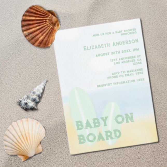 Baby an Bord Surfbrett Beach Wasserfarbe Babydusch Einladung (Von Creator hochgeladen)