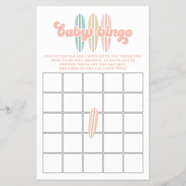 Baby an Bord Surfbrett Kinderdusche Bingo Flyer (Vorne)