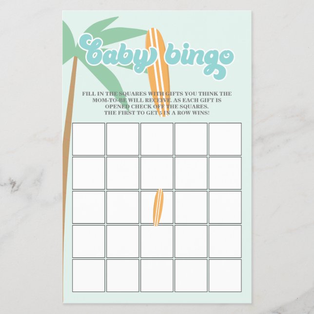 Baby an Bord Surfbrett Kinderdusche Bingo Flyer (Vorne)