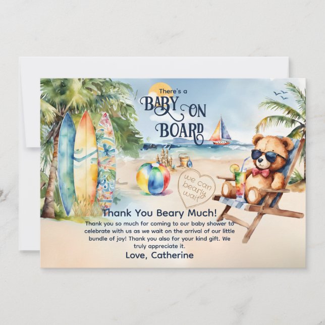Baby an Bord Surfbrett Teddy Bear Baby Dusche Dankeskarte (Vorderseite)