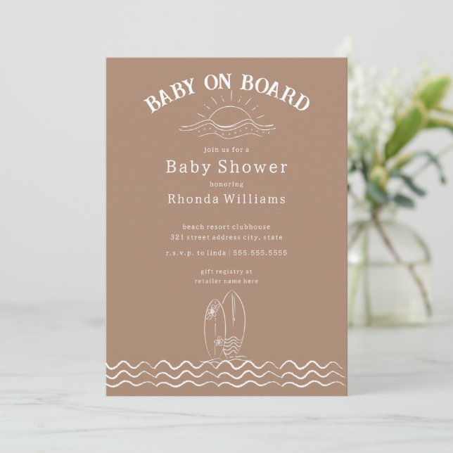 Baby an Bord Surfen Green Beach Baby Dusche Einladung (Stehend Vorderseite)