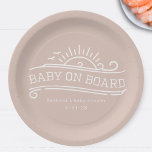 Baby an Bord Surfen Pink Baby Dusche Pappteller<br><div class="desc">Ein Mädchen Dusche "Baby an Bord" Thema mit weißen Linien Kunst mit Sonne,  und Wellen. Weißer Text. Der Hintergrund ist rosa.</div>