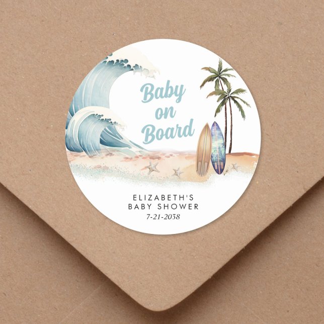 Baby an Bord Surfing Beach Baby Dusche Runder Aufkleber (Von Creator hochgeladen)