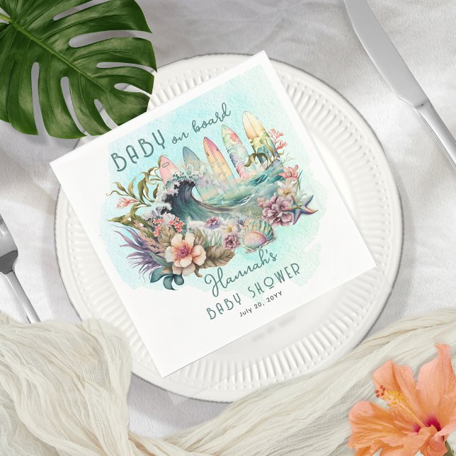 Baby an Bord Tropical Surfing Floral Baby Shower Serviette (Von Creator hochgeladen)