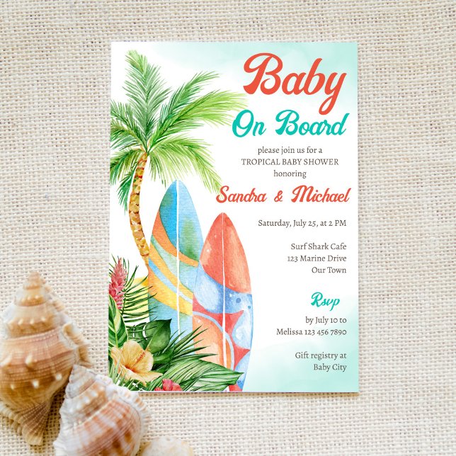 Baby an Bord Tropical Surfstrand Babydusche Einladung (Von Creator hochgeladen)