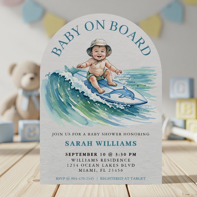 Baby an Bord Wasserfarbe Surfbabydusche Einladung (Baby on Board Watercolor Surfing Baby Shower Invitation
)