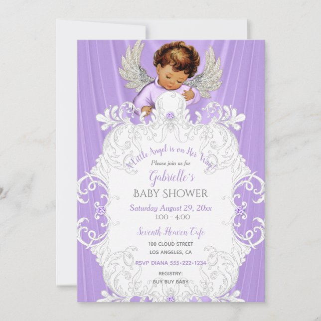 Baby Angel Lavender Silver Medium Skin Tone Einladung (Vorderseite)