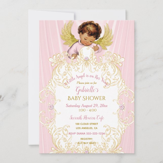 Baby Angel Pink Gold Girl Ethnic Einladung (Vorderseite)
