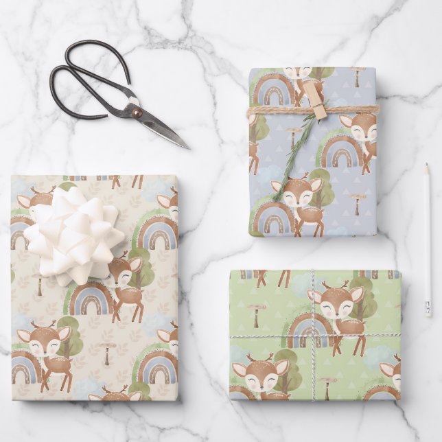 Baby Animal Deer Blue Green Tan Geschenkpapier Set (Vorderseite)
