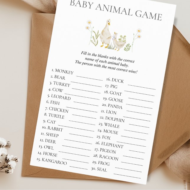 Baby Animal Game Albern Gänsedusche Flyer (Baby Animal Game Baby Shower Silly Goose Fun Budget Aesthetic)