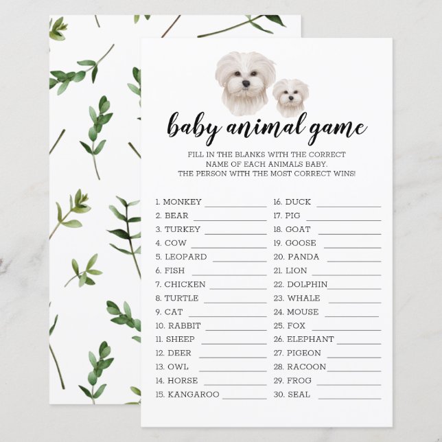 Baby Animal Game White Maltese Dog Watercolor (Vorne/Hinten)