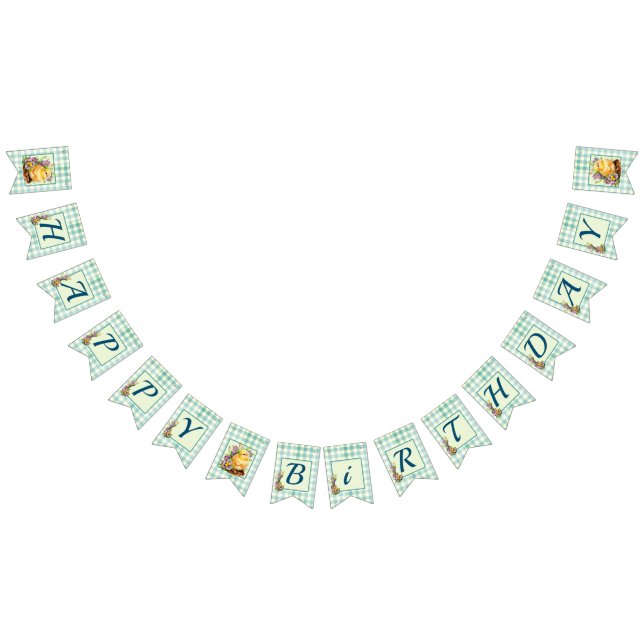 Baby Animal Green Gingham Happy Birthday Wimpelkette (Alle)