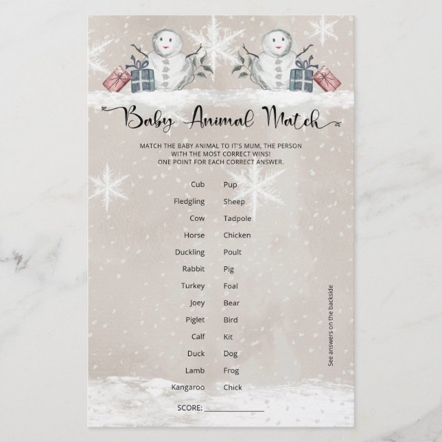 Baby Animal Match Snowman Baby Dusche (Vorderseite)