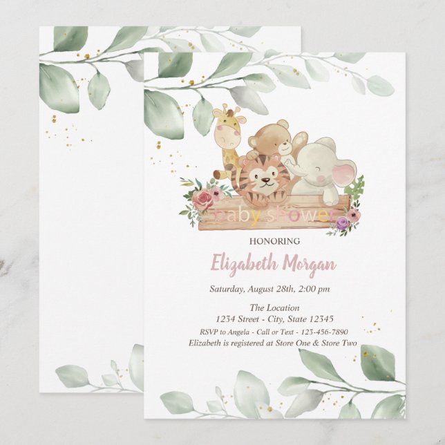 Baby Animals Blume Blätter Kinderdusche Einladung (Vorne/Hinten)