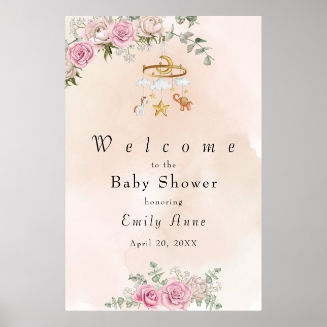 Baby Animals Carousel Peach Baby Shower Poster (Vorne)