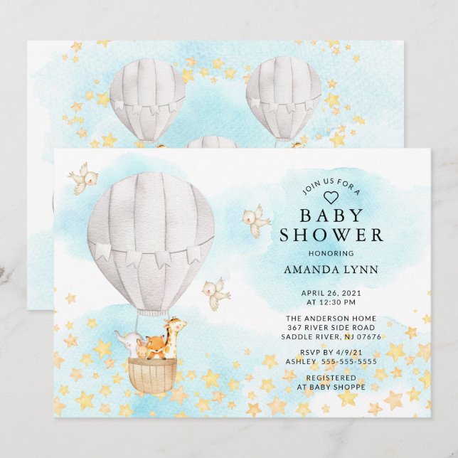 Baby Animals Hot Air Ballon Neutral Baby Dusche Einladung (Vorne/Hinten)
