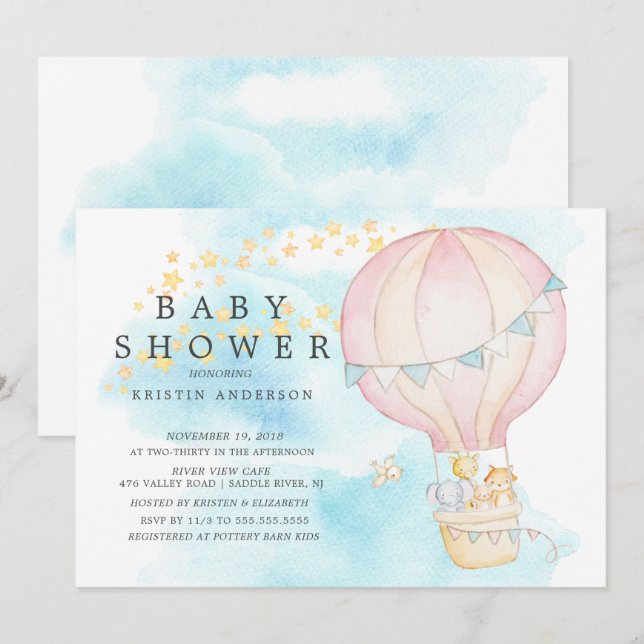 Baby Animals Hot Air Ballon Ride Baby Dusche Einladung (Vorne/Hinten)