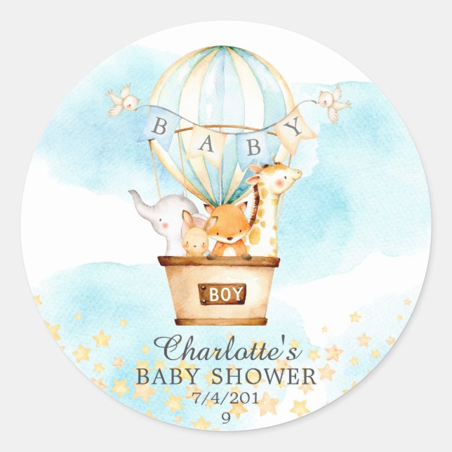 Baby Animals Hot Air Ballon Ride Baby Dusche Runder Aufkleber (Vorderseite)