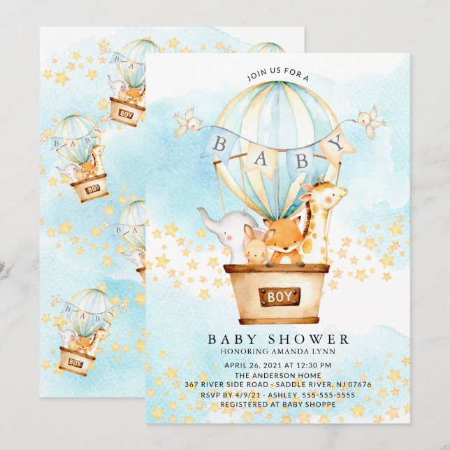 Baby Animals Hot Air Balloon Baby Boy Dusche Einladung (Vorne/Hinten)