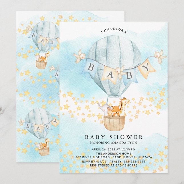 Baby Animals Hot Air Balloon Baby Boy Dusche Einladung (Vorne/Hinten)