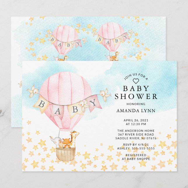 Baby Animals Hot Air Balloon Baby Girl Dusche Einladung (Vorne/Hinten)