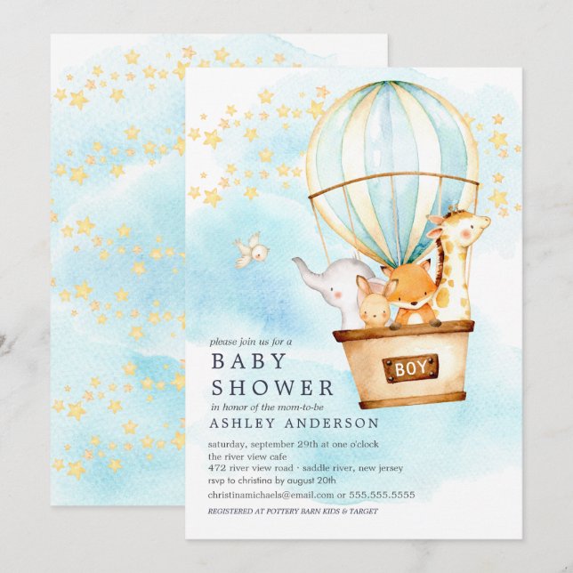 Baby Animals Hot Air Balloon Ride Baby Boy Dusche Einladung (Vorne/Hinten)
