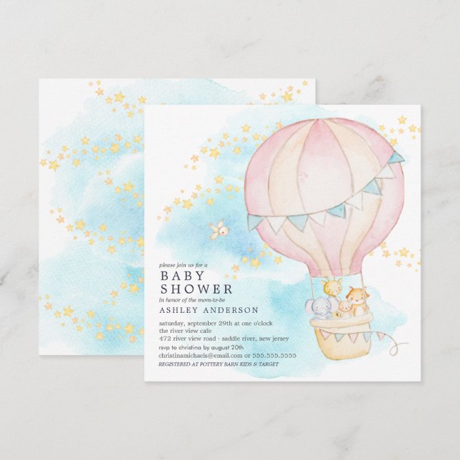 Baby Animals Hot Air Balloon Ride Baby Girl Dusche Einladung (Vorne/Hinten)