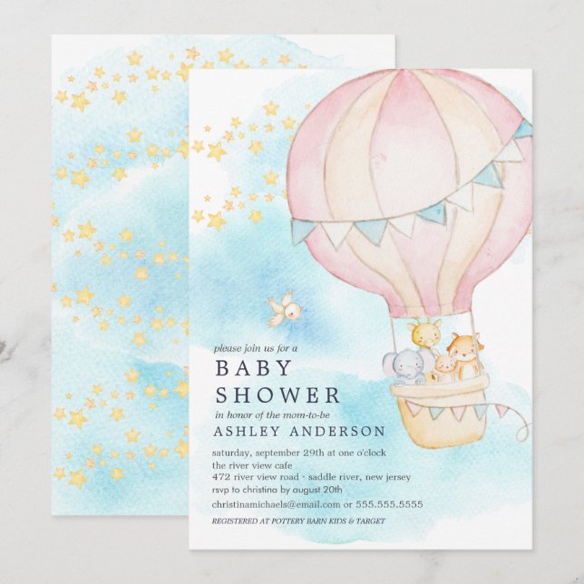 Baby Animals Hot Air Balloon Ride Baby Girl Dusche Einladung (Vorne/Hinten)