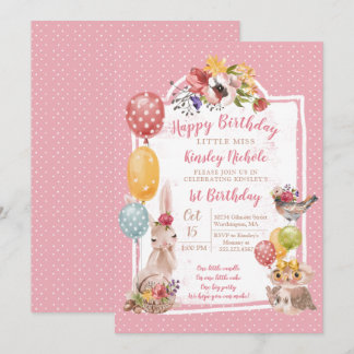 Baby Animals Little Girl's Birthday Party Einladung