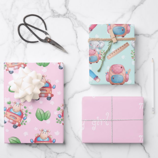 Baby Animals Pink für Mädchen Geschenkpapier Set (Vorderseite)