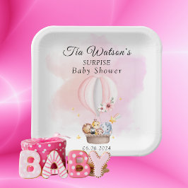Baby Animals Safari in Pink Hot Air Ballon Pappteller