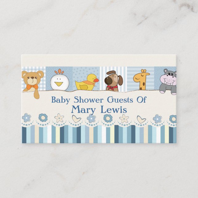 Baby Animals & Stripes Blue Baby Dusche Platzkarte (Vorderseite)