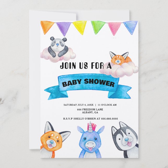 Baby Animals Thema Kinderdusche Einladung (Vorderseite)