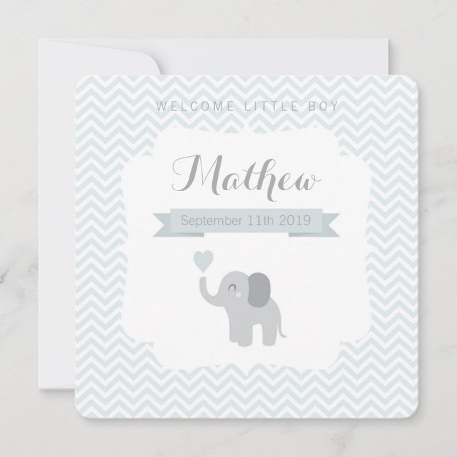 Baby Announcement Boy Elephant Zickzack Heart Ankündigung (Vorderseite)