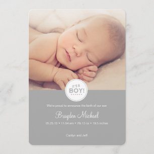 Baby Announcement Card in Gray - Es ist ein Junge! Ankündigung