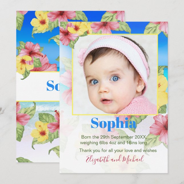 Baby Announction Foto Tropical Floral Beach Einladung (Vorne/Hinten)