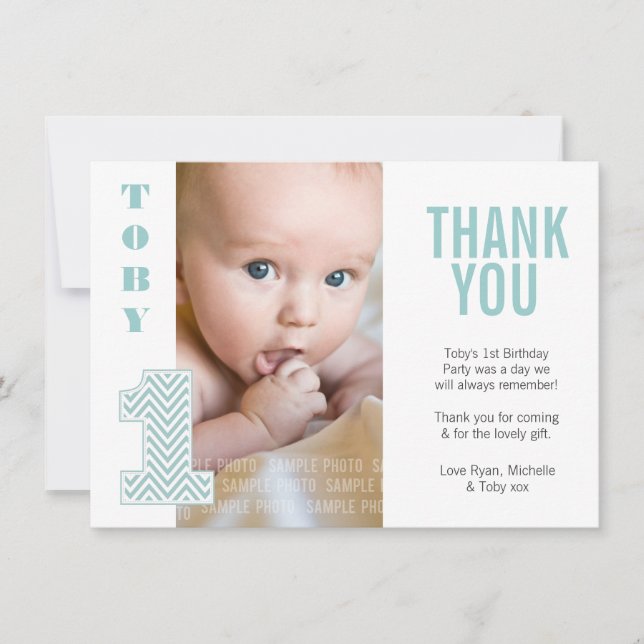 Baby Aqua Chevron 1er anniversaire Merci Photo (Devant)