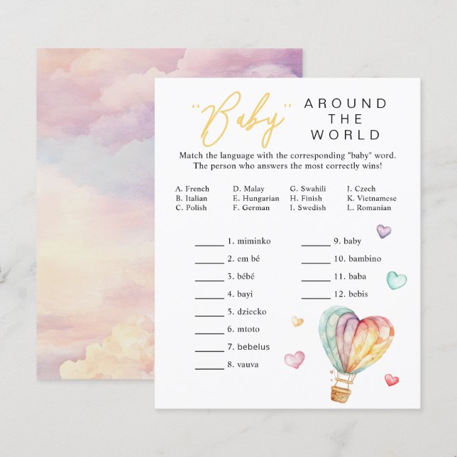 Baby Around the World Shower Game Sheet (Vorne/Hinten)