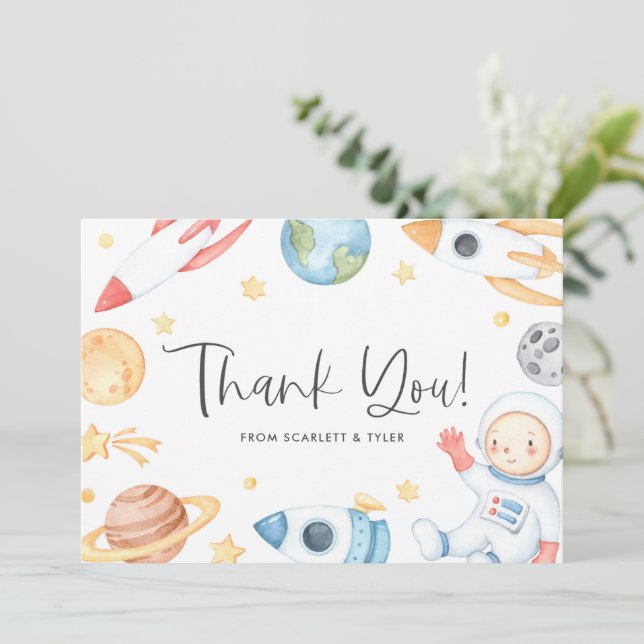 Baby Astronaut Space Thema Kinderdusche Dankeskarte (Stehend Vorderseite)