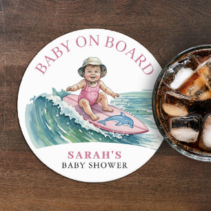 Baby auf Bord Wasserfarbe Surferin Baby Shower Runder Pappuntersetzer